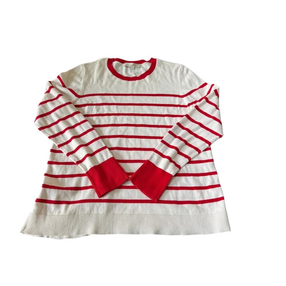 LOFT Womens Striped Sweater L Red White Long Sleeve Side Button Pullover READ - Picture 2 of 8